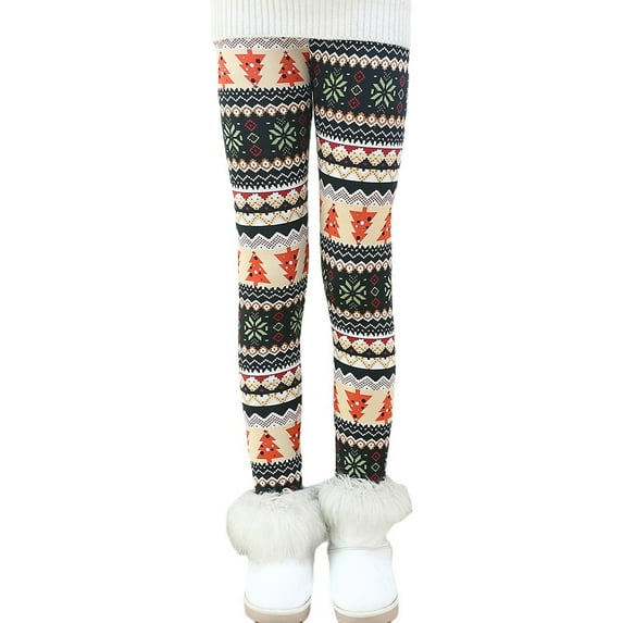 Esho Girls Winter Warm Floral Leggings Kids Christmas Thicken Fleece Tights Long Pants 2-11Y