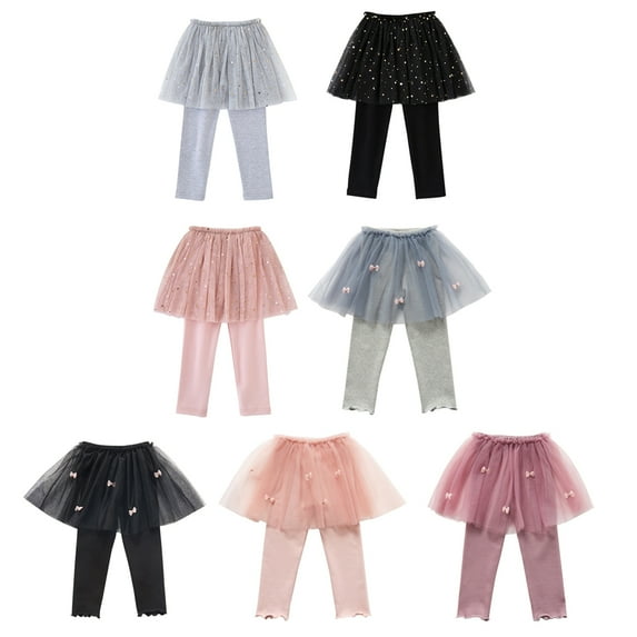 Esho Little Girls Footless Leggings with Ruffle Tulle Tutu Skirts, Toddler Girls Casual Cotton Pantskirt Dance Leggings, 2-8 Years