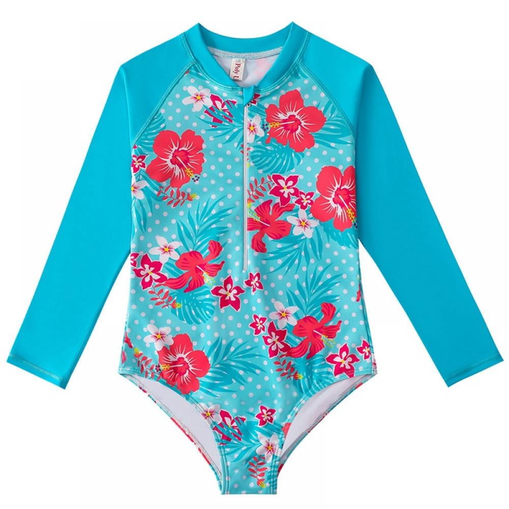 Long Sleeve Zipper One-Piece Bathing Suit For Girls - UPF 50+ Sun Protection Rash Guard Size 12