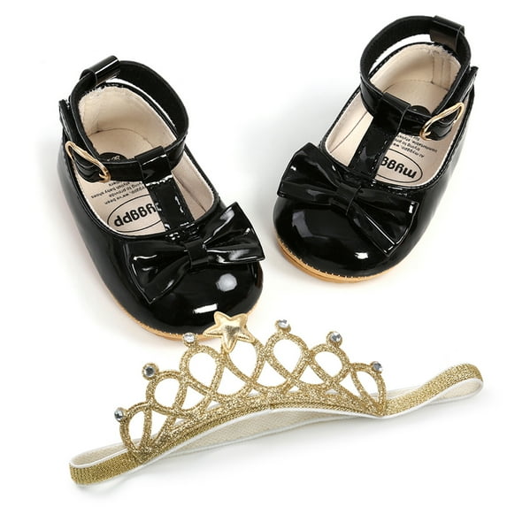 Esho Newborn Baby Girls Bowknot Princess Dress Shoes Mary Jane Flats Prewalker with Crown Headband