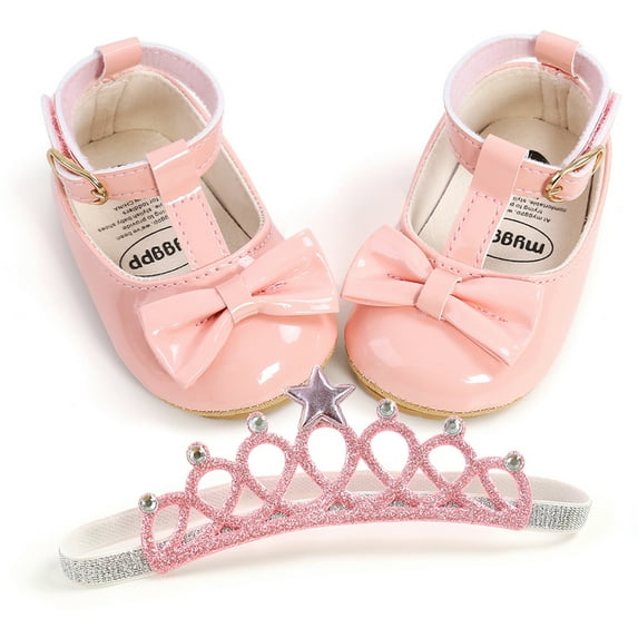 Esho Newborn Baby Girls Bowknot Princess Dress Shoes Mary Jane Flats Prewalker with Crown Headband