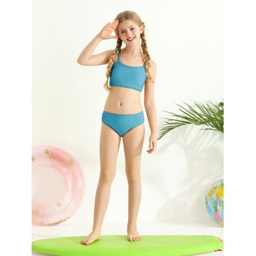 Esho Teenage Girls Summer Swimsuits, Little Girl Solid Bikinis Bathing Suit, 2 Pieces, Size 7-16 Years
