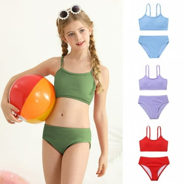 Esho Teenage Girls Summer Swimsuits, Little Girl Solid Bikinis Bathing Suit, 2 Pieces, Size 8-13 Years