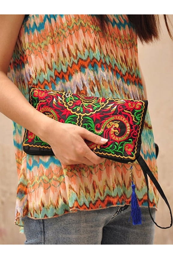 Women Vintage Embroidered Ethnic Style Wristlet Handbag Purse Wallet