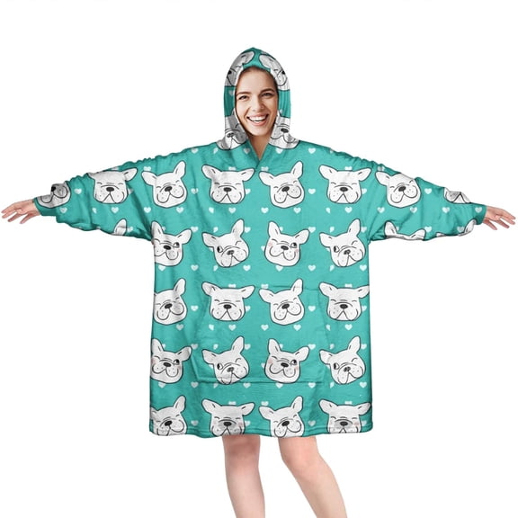 Esign Of Head Pug Dog Wearable Oversized Blanket,Wearable Blanket Hoodie for Adults,Cozy Hooded Blankets with Super Pockets,Super Warm Fuzzy Pullover for Women & Men