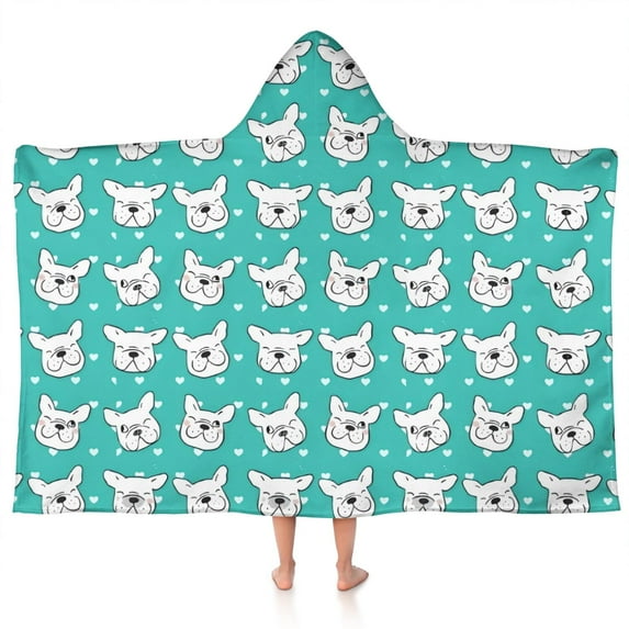 Esign Of Head Pug Dog Hooded Bath Towel,50"x30" for Ages 3 To 12 Kids, Quick Dry Lightweight Soft Microfiber Hood Beach Towel Cover Up for Kids