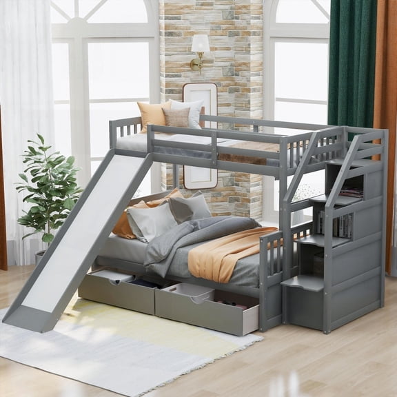 Twin/Full Size Pine Wood Storage Bed with Drawers and Slide, Gray, Bedroom