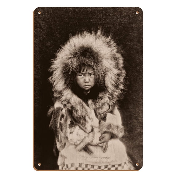 Eskimo Child - Noatak Native Alaska - North American Indians - Vintage B&W Historical Photograph by Edward S. Curtis c.1929 - 8 x 12 inch Vintage Wood Art Sign