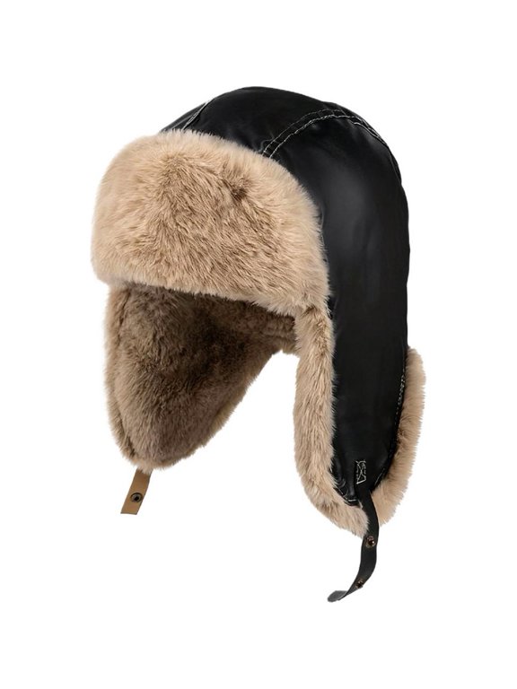 Eskimo Trooper Hat, Adult Waterproof Warmth Outdoor Motorcycle Skiing Insulated Flying Cap, Fur Lined Earflap Winter Cap Snow Ski Hats Ear Protection Cap - Black