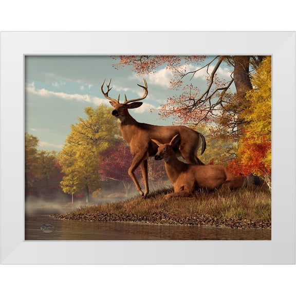 Eskridge, Daniel 14x12 White Modern Wood Framed Museum Art Print Titled - Deer On An Autumn Lakeshore