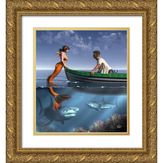 Eskridge, Daniel 15x16 Gold Ornate Wood Framed with Double Matting Museum Art Print Titled - A Mermaid And Her Pets