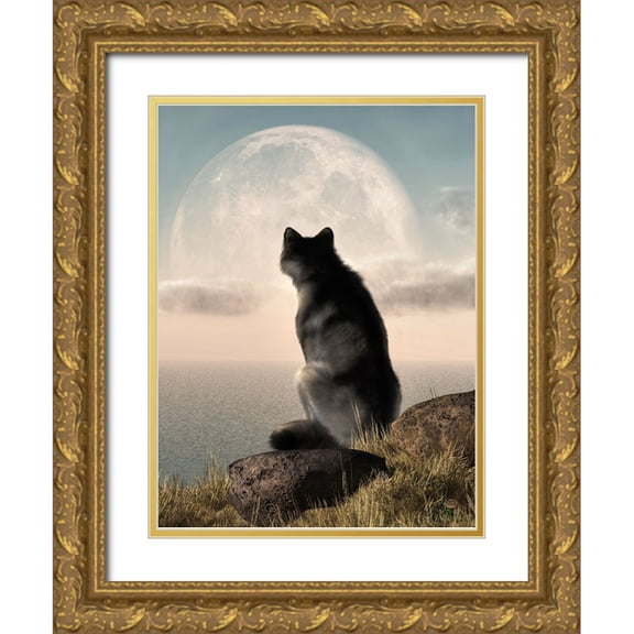 Eskridge, Daniel 19x24 Gold Ornate Wood Framed with Double Matting Museum Art Print Titled - Wolf Watching The Moonrise