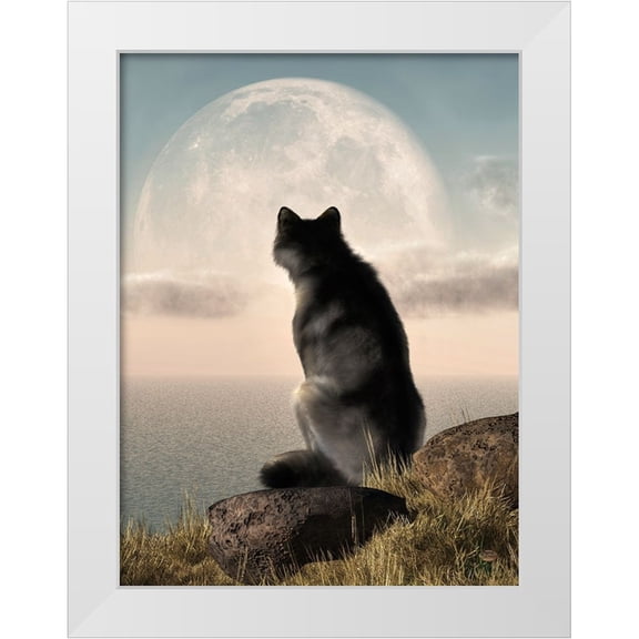 Eskridge, Daniel 19x24 White Modern Wood Framed Museum Art Print Titled - Wolf Watching The Moonrise
