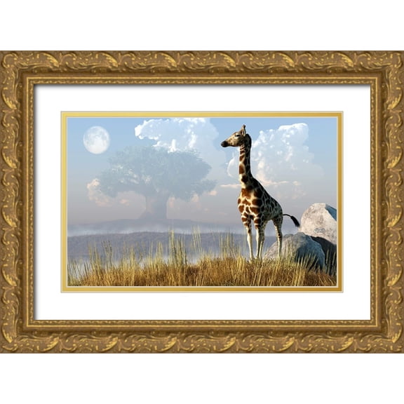 Eskridge, Daniel 24x17 Gold Ornate Wood Framed with Double Matting Museum Art Print Titled - Giraffe And Giant Tree