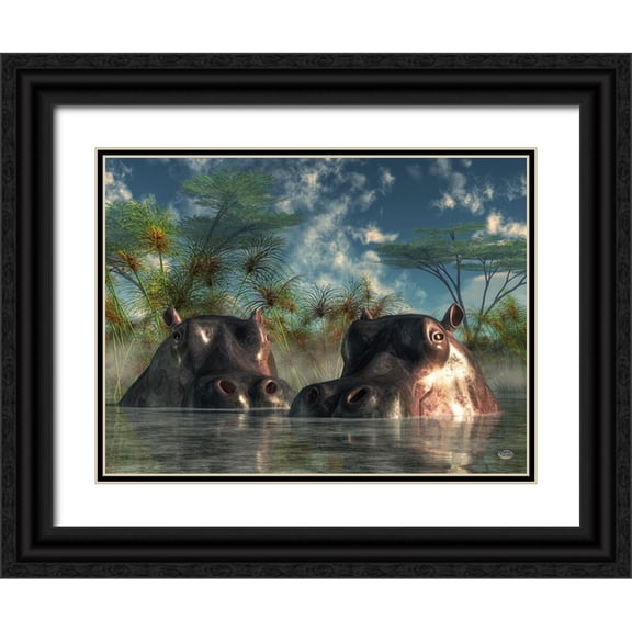 Eskridge, Daniel 24x19 Black Ornate Wood Framed with Double Matting Museum Art Print Titled - Hippos Coming To Get You