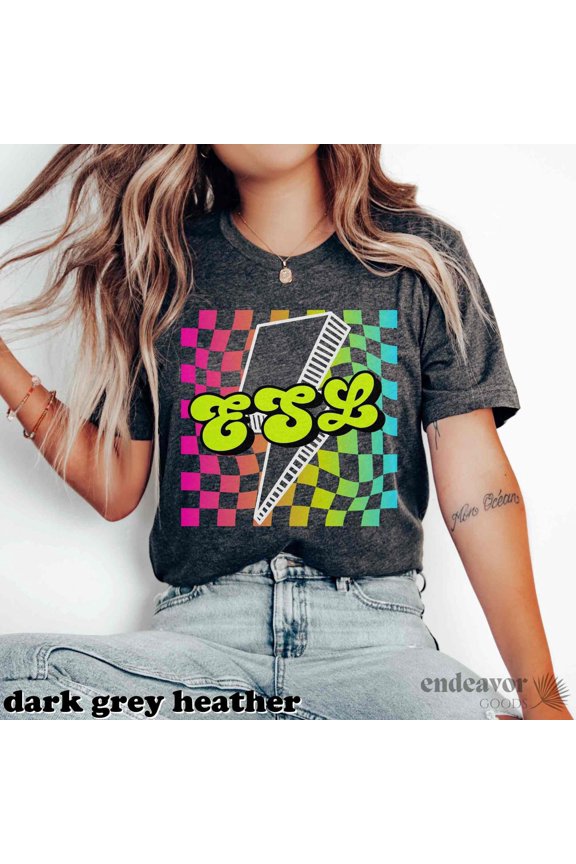 Esl Teacher Shirts English As A Second Language Teacher Tee Back To School Retro First Grade Teaching Team Appreciation Gift Checkered 90S