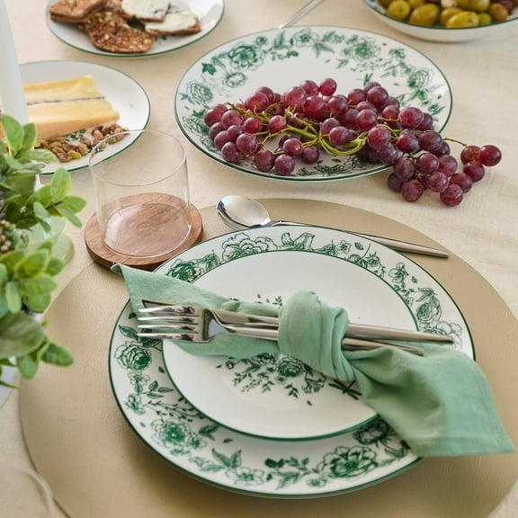 Esme 12-Piece Dinnerware Set - Porcelain Plates and Bowls for 4, Microwave and Dishwasher Safe, Green