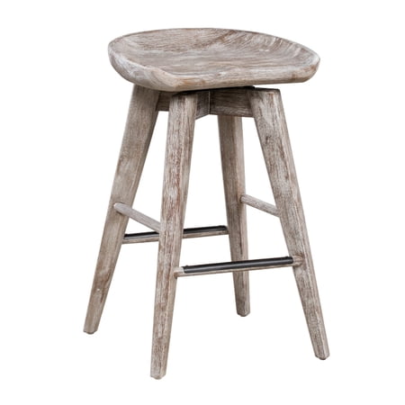 Esme 24 Inch Swivel Counter Stool, Contour Seat, Wood, Wire Brushed White