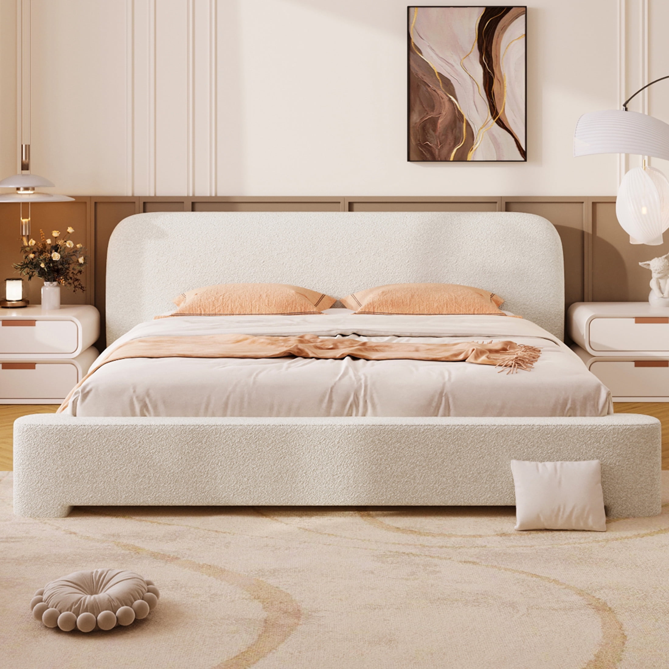 Esme King Size Boucle Upholstered Bed - Wood Frame - White - Walmart.com