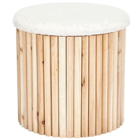 Aria Home Boucle Storage Ottoman with Bamboo Base and Tray Top, Round, 16 Inch, Beige