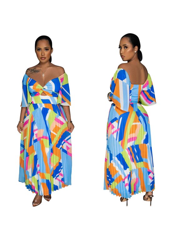 Esme Pleated Maxi Dress Blue |Green |Yellow