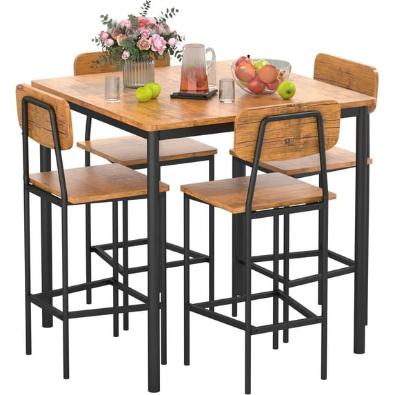Esmlada 4-Person Dining Table Set, Kitchen Table and Chairs for 4, Dining Room Table Set, Space-Saving Design, Industrial Kitchen Table Set for Family Dinners, Parties, Brown