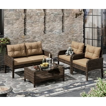 Esmlada 4-Piece Patio Furniture Set Outdoor Rattan Wicker Sofa Set with Cushions & Coffee Table, Conversation Sofa Set with Tempered Glass Table Top and Storage Shelf