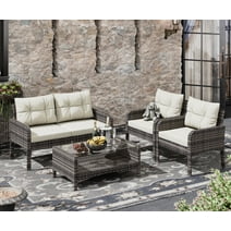 Bifanuo 4-Piece Patio Furniture Set Outdoor Rattan Wicker Sofa Set with Cushions & Coffee Table, Conversation Sofa Set with Tempered Glass Table Top