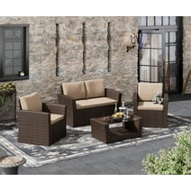 Bifanuo 4PCS Patio Furniture Set, Outdoor Conversation Sets with Rattan Chair Table, Wicker Loveseat Sofa Bistro for Garden, Pool, Backyard (Brown-Yellow)