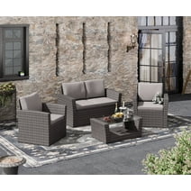 Bifanuo 4PCS Patio Furniture Set, Outdoor Conversation Sets with Rattan Chair Table, Wicker Loveseat Sofa Bistro for Garden, Pool, Backyard (Grey-Grey) (OT005)