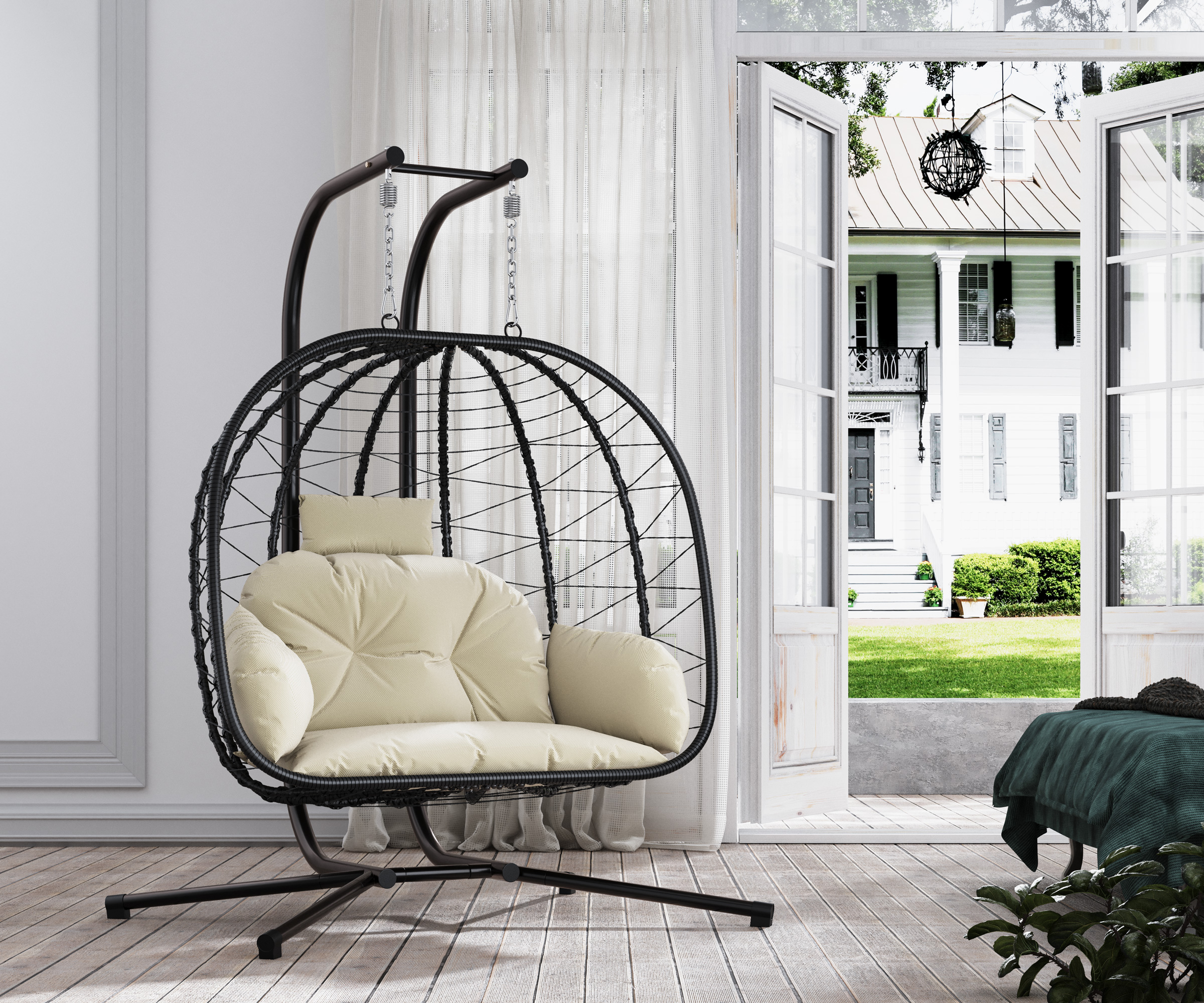 LeisureMod Mendoza Dark Brown Wicker Hanging 2 Person Egg Swing Chair with Stand & Brown 