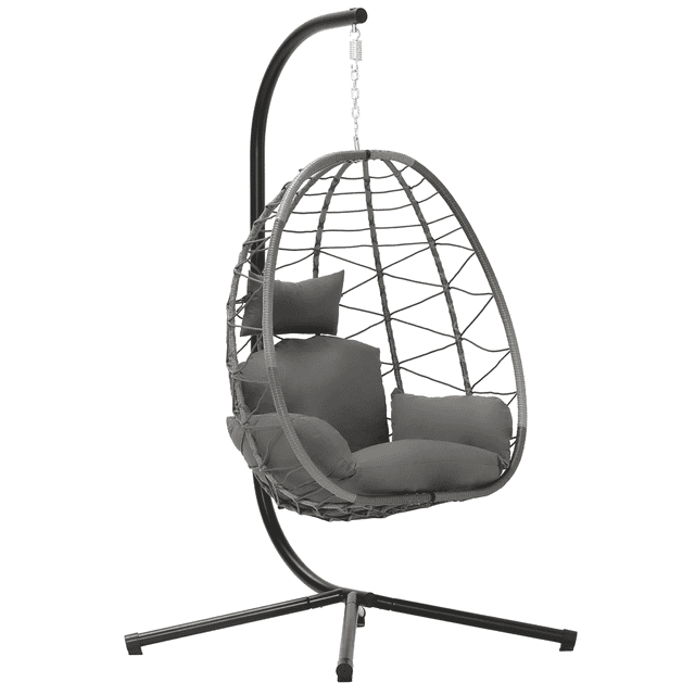 Bifanuo Indoor/Outdoor Wicker Swing Egg Chair Hammock Hanging Chair Nest Basket with Stand, UV Resistant Removable & Washable Cushions,350LB Capacity for Bedroom, Balcony, Garden and Poolside (Grey)