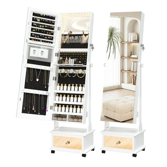 Esmlada LED Illuminated Jewelry Armoire with 4 Wheels, Portable Standing Cabinet Featuring Full-Length Mirror, Lockable Organizer with Mirror Storage Drawer, White