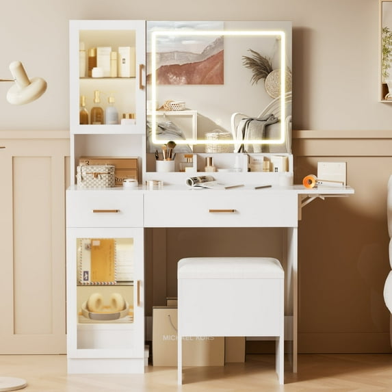 Esmlada Vanity with Mirror and Lights, Makeup Vanity Table with Charging Station, Makeup Table Set with RGB Cabinets and 3 LED Light Modes White