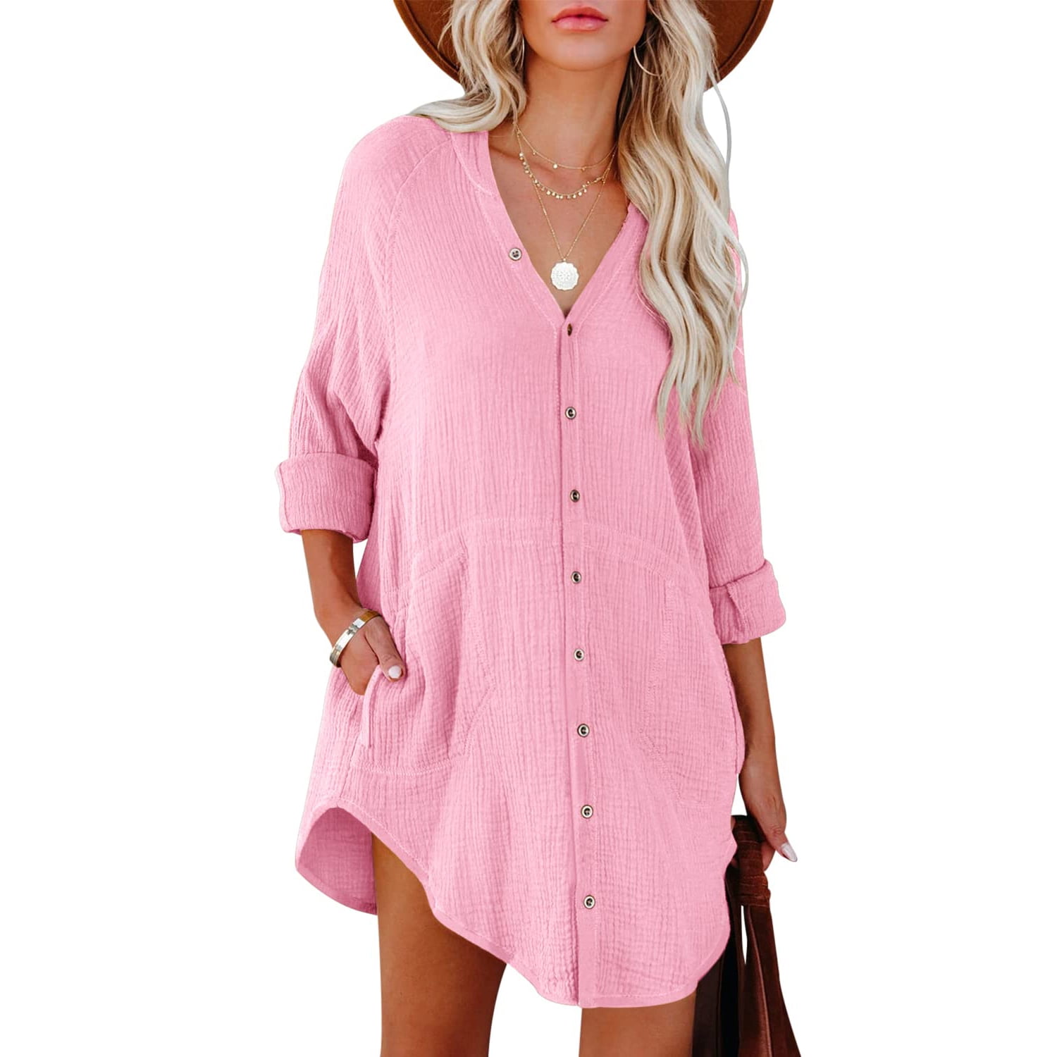 Esobo Women's Long Sleeve Button Down Tunic Shirts Cute V Neck Tops Cotton Cover Up with Pockets
