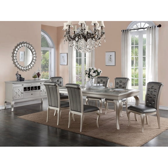 Esofastore 7 Piece Traditional Wood Tufted Dining Table Set, Silver