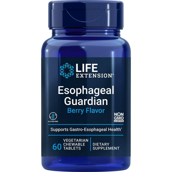 Life Extension Esophageal Guardian, alginic acid, potassium bicarbonate, get long-lasting relief from gastric distress, vegetarian, non-GMO, gluten-free, 60 vegetarian chewable tablets