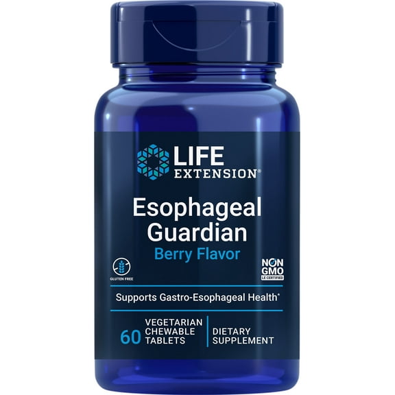 Life Extension Esophageal Guardian, alginic acid, potassium bicarbonate, get long-lasting relief from gastric distress, vegetarian, non-GMO, gluten-free, 60 vegetarian chewable tablets