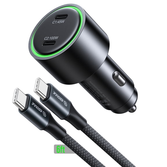 Esoulk 145W Fast Charging Car Charger For Macbook, Laptop, Tablet, Samsung S26 Ultra iPhone 17 Pro Max with 6' 100W USB-C