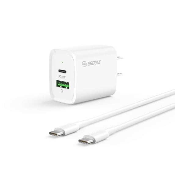 Esoulk 20W 2-Port Type-C PD (Power Delivery) and USB-A Quick Charge, Ultra Fast Charging Wall Charger with USB Cable with Glass Screen Protector for T-Mobile REVVL 7 Pro 5G - White