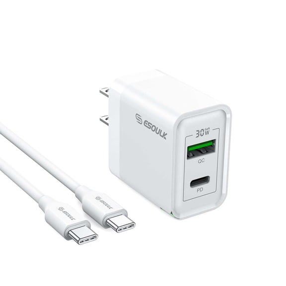 Esoulk 30W Dual Port USB-C and USB-A, GaN Technology, Mini Compact, Super Fast Charging Wall Charger with USB-C to USB-C Cable for Motorola Razr/Razr+ Plus (2024) - White