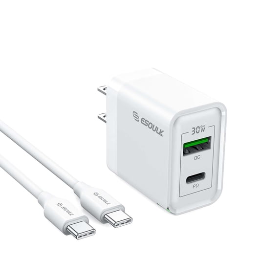 Esoulk 30W Dual Port USB-C and USB-A, GaN Technology, Mini Compact, Super Fast Charging Wall Charger with USB-C to USB-C Cable for Samsung Galaxy A15 5G - White