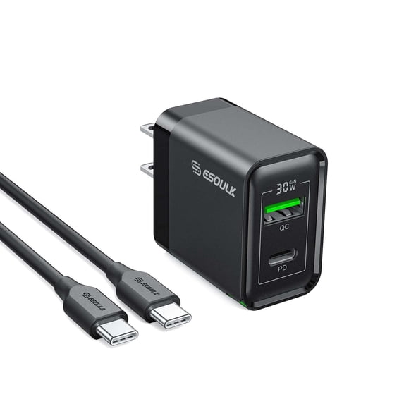 Esoulk 30W Dual Port USB-C and USB-A, GaN Technology, Mini Compact, Super Fast Charging Wall Charger with USB-C to USB-C Cable for Motorola Moto G Stylus 5G 2024 - Black