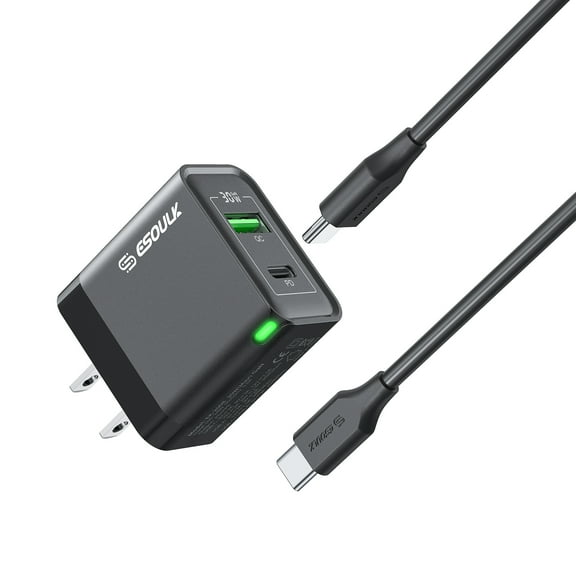 Esoulk 30W PD&QC USB-C Wall Charger Adapter Plug Charging Block With 5 Ft USB-C to USB-C Cable - Black