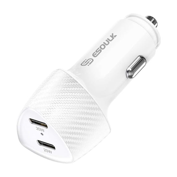 Esoulk 40W PD Dual Type-C USB Ports, Fast Charging Car Charger with Glass Screen Protector for iPhone 15 Pro Max - White