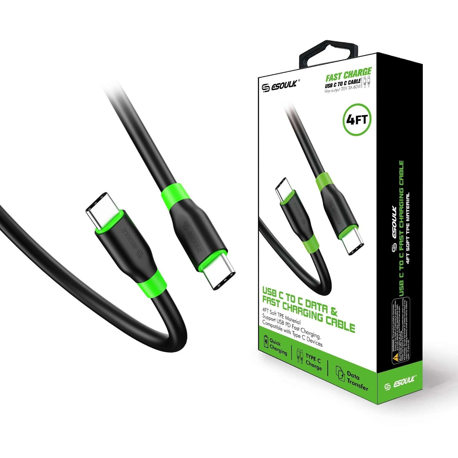 Esoulk 4ft USBC to USBC 60W Power Delivery PD Quick Charging Fast