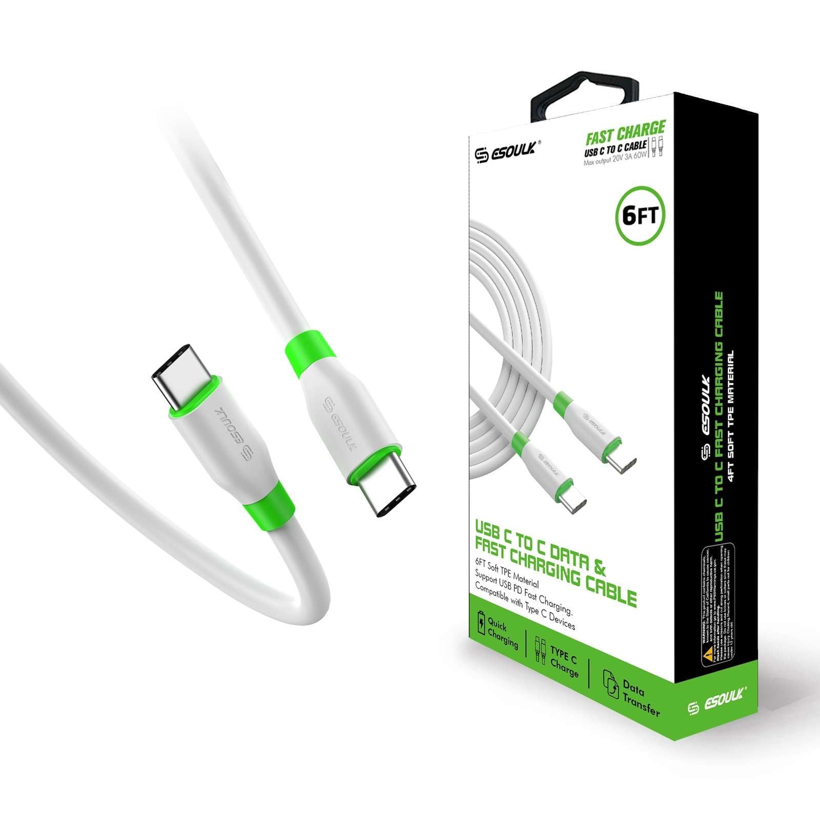 Esoulk 6ft USB-C to USB-C 60W Power Delivery PD Quick Charging Fast ...