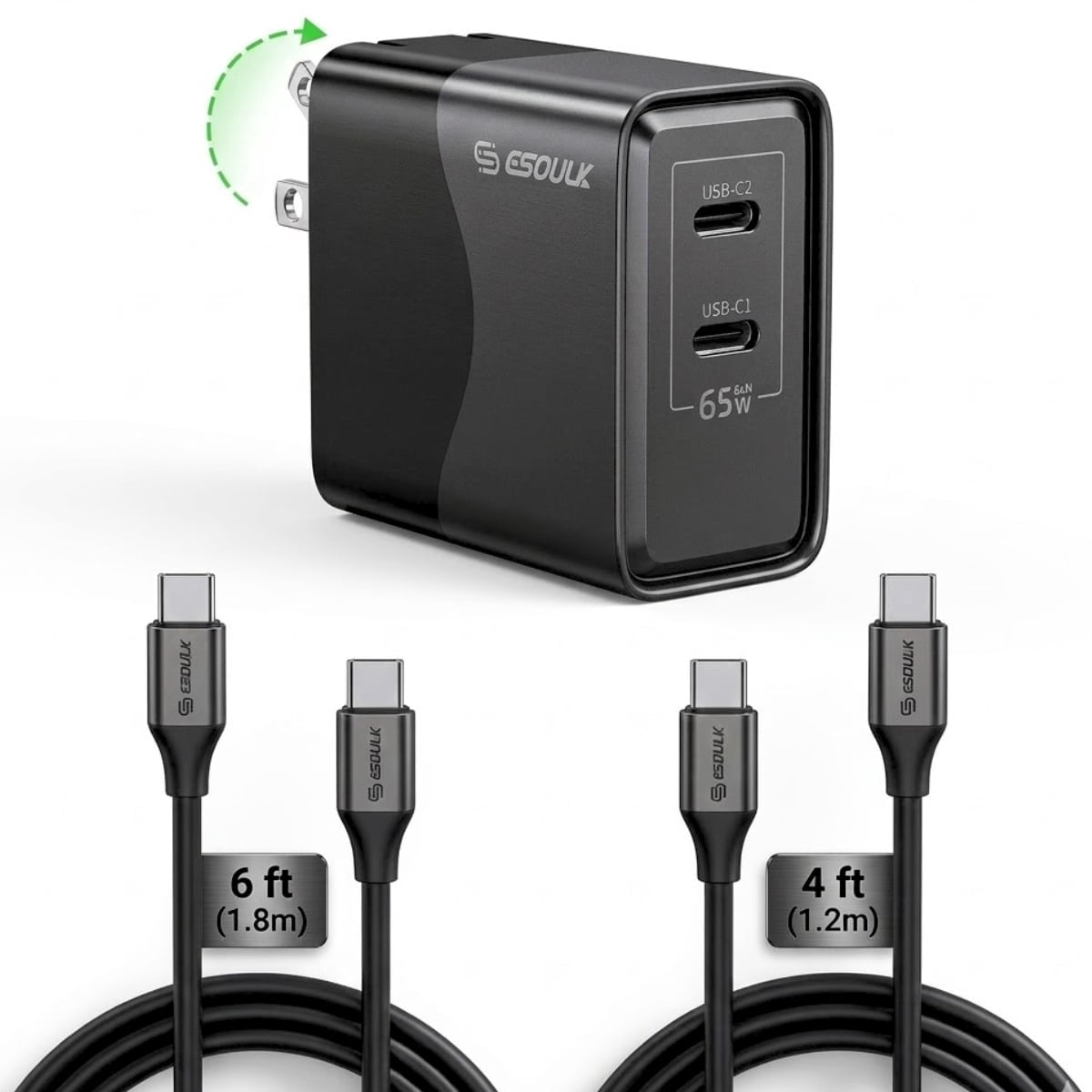 Esoulk Premium 65W GaN 2-Port Dual USB-C Wall Charger Adapter with 2 Cables for iPhone 17 Pro Max, Macbook, iPad, Samsung