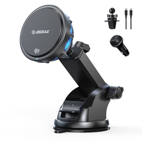 Esoulk Qi2 Magnetic Wireless Car Charger 25W, Fast Charging Phone Mount with Cooling Fan, Adjustable Dashboard Car Mount