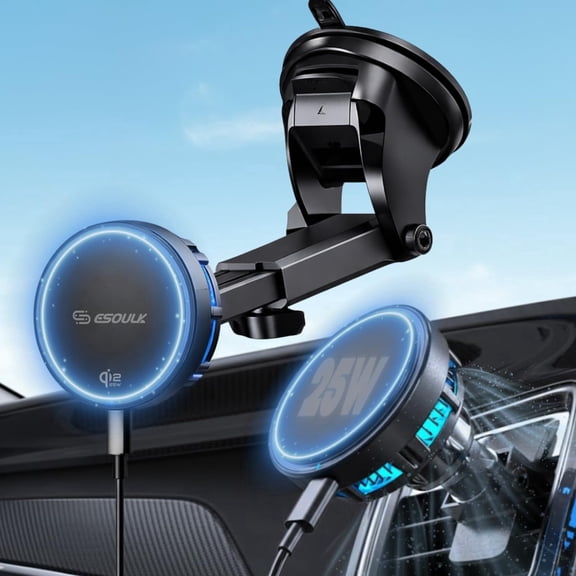 Esoulk Qi2 Magnetic 25W Wireless Car Charger, Fast Charging Phone Mount with Cooling Fan, Adjustable Dashboard Car Mount